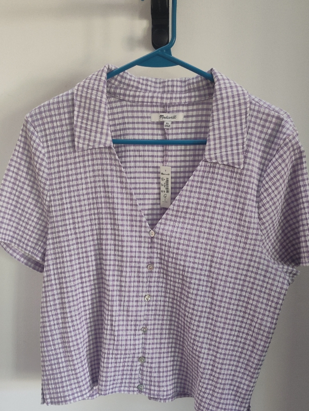 Madewell Lavender Gingham Short-Sleeve Button Front Top